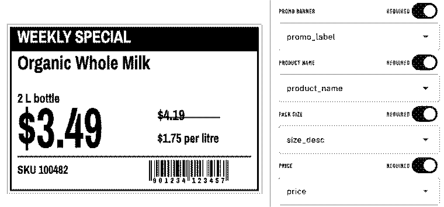zPrint batch screen: the preview of a shelf price tag beside its required fields, each mapped to a spreadsheet column