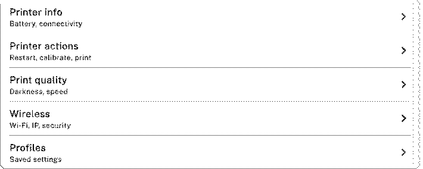 zPrint printer tools: printer info for battery and connectivity, printer actions to restart and calibrate, print quality for darkness and speed, wireless settings and saved profiles