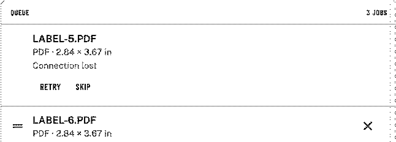 zPrint print queue: a PDF job that lost its connection, with retry and skip